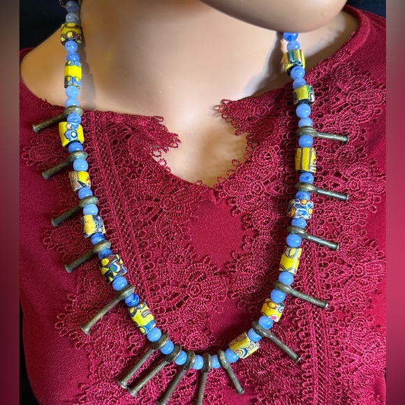 African Krobo brass and blue glass accented tribal beaded statement necklace